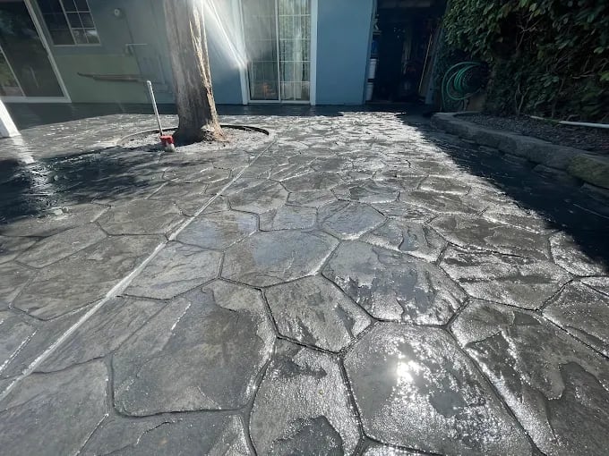Wet decorative patio with stone pattern under bright sunlight, bordered by residential buildings and green ivy