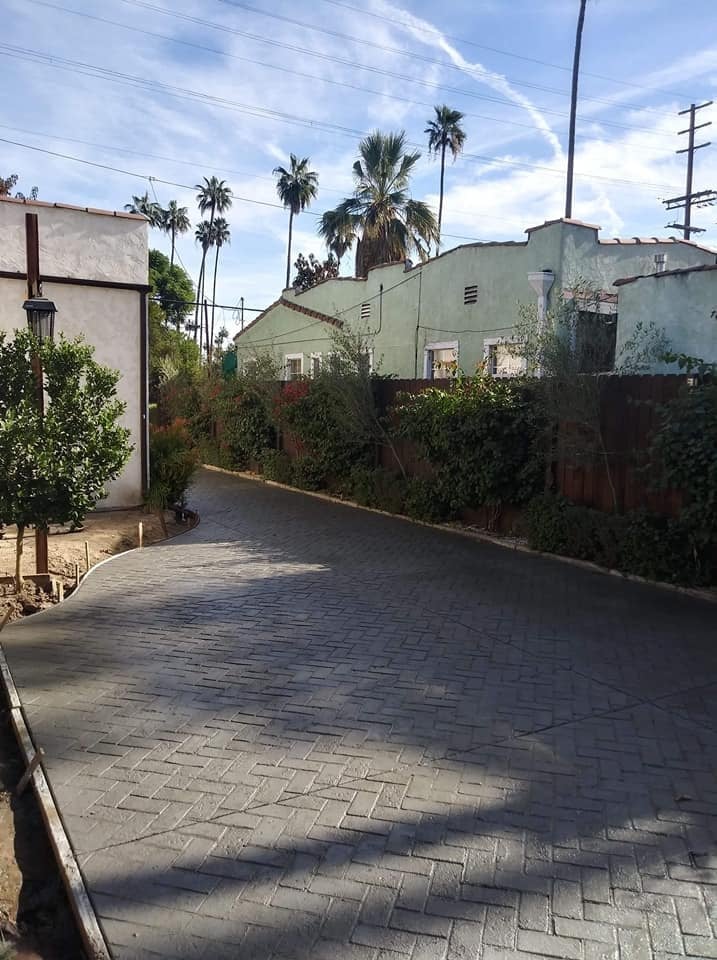 Paved driveway between residential buildings with palm trees and utility poles under blue sky